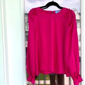NWT CeCe Textured Satin Long Puff Sleeve Blouse Passion Pink